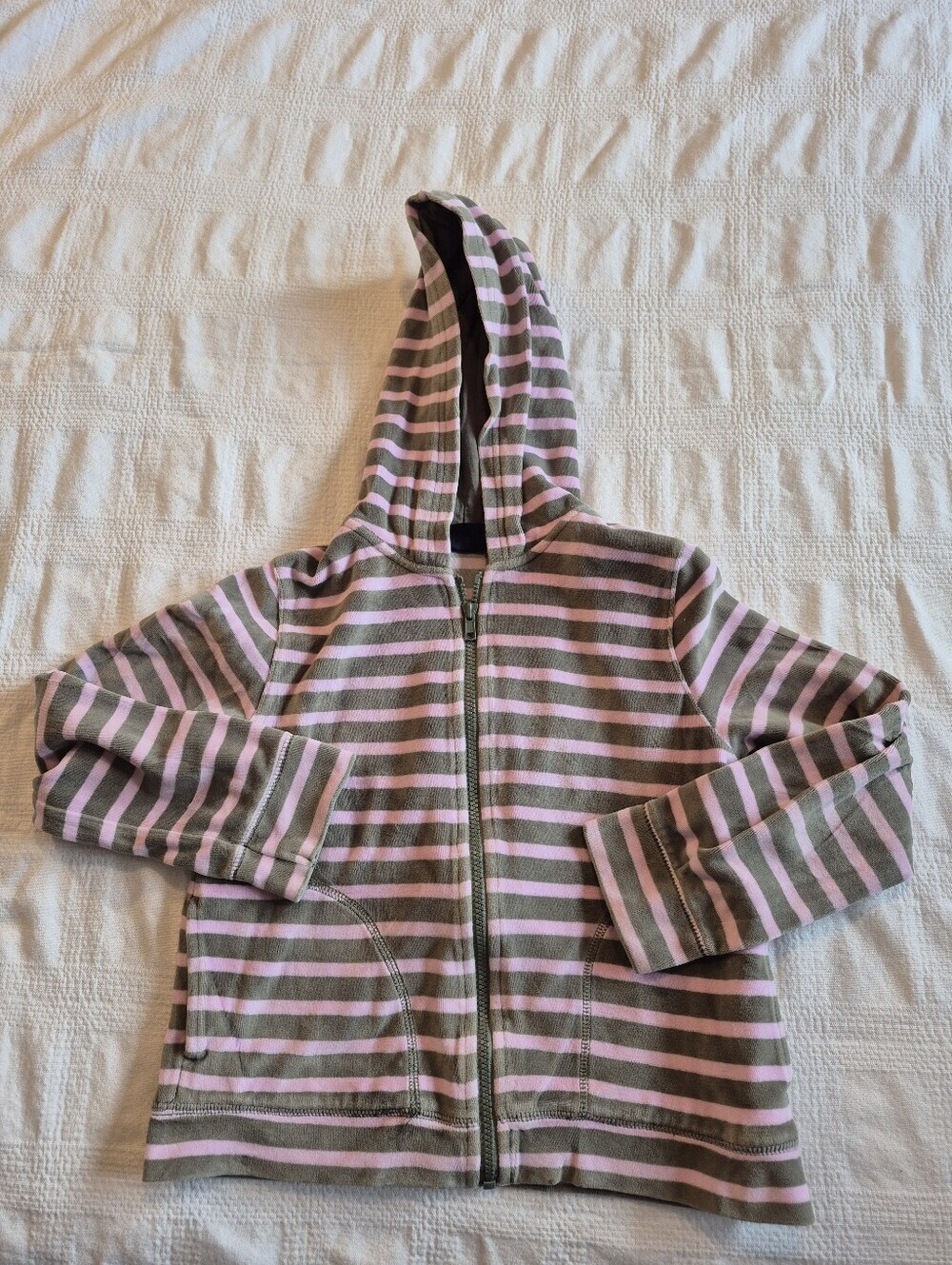 Mini Boden girls 9-10 yrs pink & gray stripe velour zip up jacket Play for fade